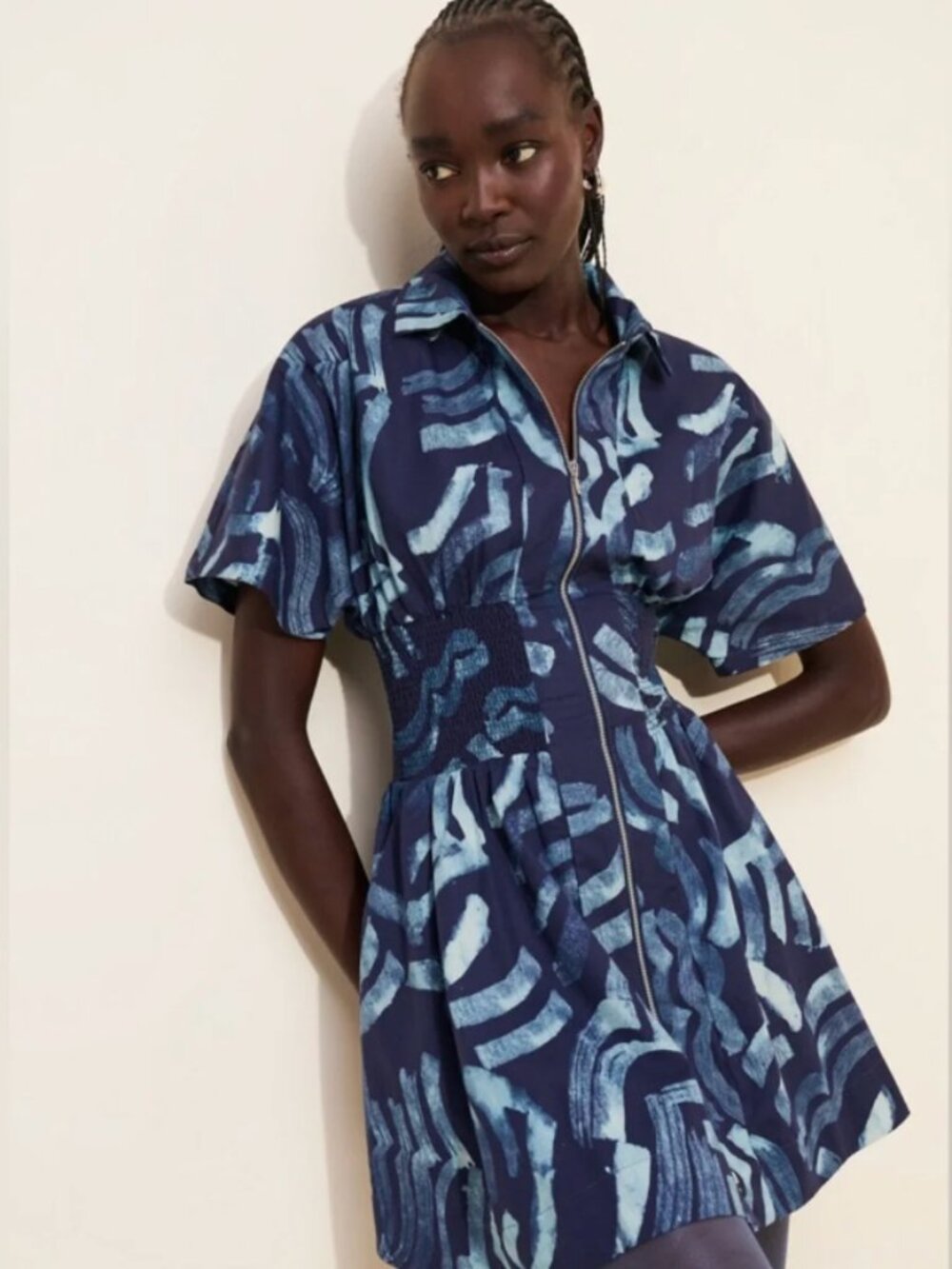 The Tommie Short-Sleeve Smocked Front-Zip Mini Shirt Dress